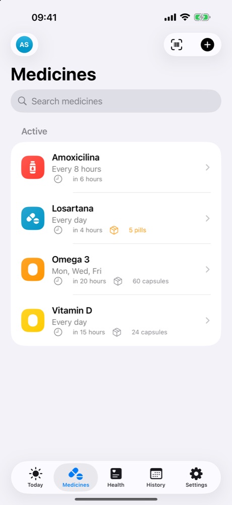 Medicines screen of the Kuida+ app